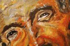 1 - VOLTO, olio su cartoncino - 18 x26 - Ha un volto con rughe disegnate dal sole e solcato dal lavoro, occhi limpidi di chi ha vissuto una vita all’aperto e ha ancora tante cose da insegnare.