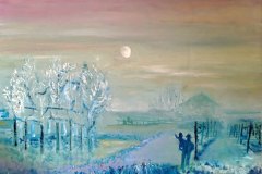 6 - MATTINA AL ROCOL - Olio su cartoncino telato - 40x30 Da notte alle sette i tordi cantano canzoni damore. Nel cielo di vede adagio avanzare il chiarore che spegne le stelle. il mondo è calmo.