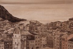 SPOSI A VERNAZZA Olio su tela 35x50 Le viuzze e la piazzetta piena di ombrelloni colorati brulicavano di turisti; nel porticciolo i pescatori tiravano le reti. Le campane suonavano a festa solo per noi due, quel sabato del primo ottobre.