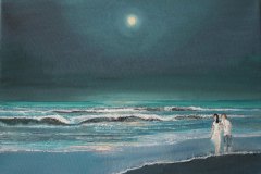 NOTTURNO TURCHESE Olio su tela 50x35 - Ci chiedevamo se fossero lo stesso cielo e la stessa luna. I colori avevano un altro colore, i suoni un altro suono ed i sapori un altro sapore. Le notti malgasce erano turchesi come le profonde acque di giorno.