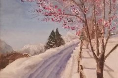 NEVE A CEVO Olio su tela - E man mano che i tuoi passi avanzano, lo scricchiolio è sempre più intenso e ti entra dentro. Sentiero innevato a Cevo, in Val Camonica. Albero di sorbo selvatico, località Musna.
