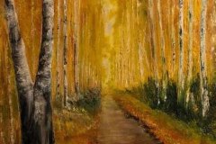 COLORI NEL SENTIERO Olio su tela 50x70 Foglie d'autunno, tavolozza perfetta per comporre un mosaico di colori. E di rumori. Quelli delle foglie ormai secche calpestate dai nostri passi.